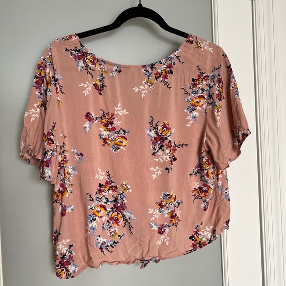 Pink floral print front tie crop top, Loose Ruffle Sleeves - XL - Picture 2 of 6